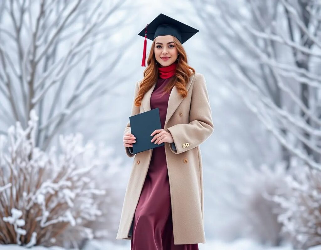 young charming woman winter graduation look