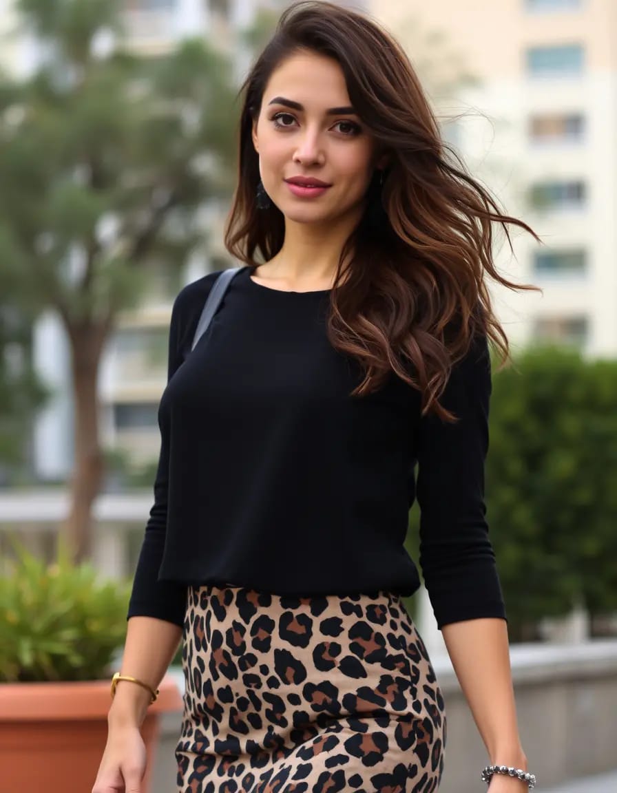 A woman look in leopard print skirt with black top