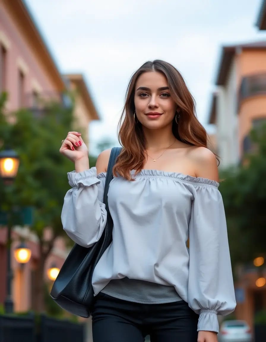 A young charming woman simple look in off the shoulder top with black jeans