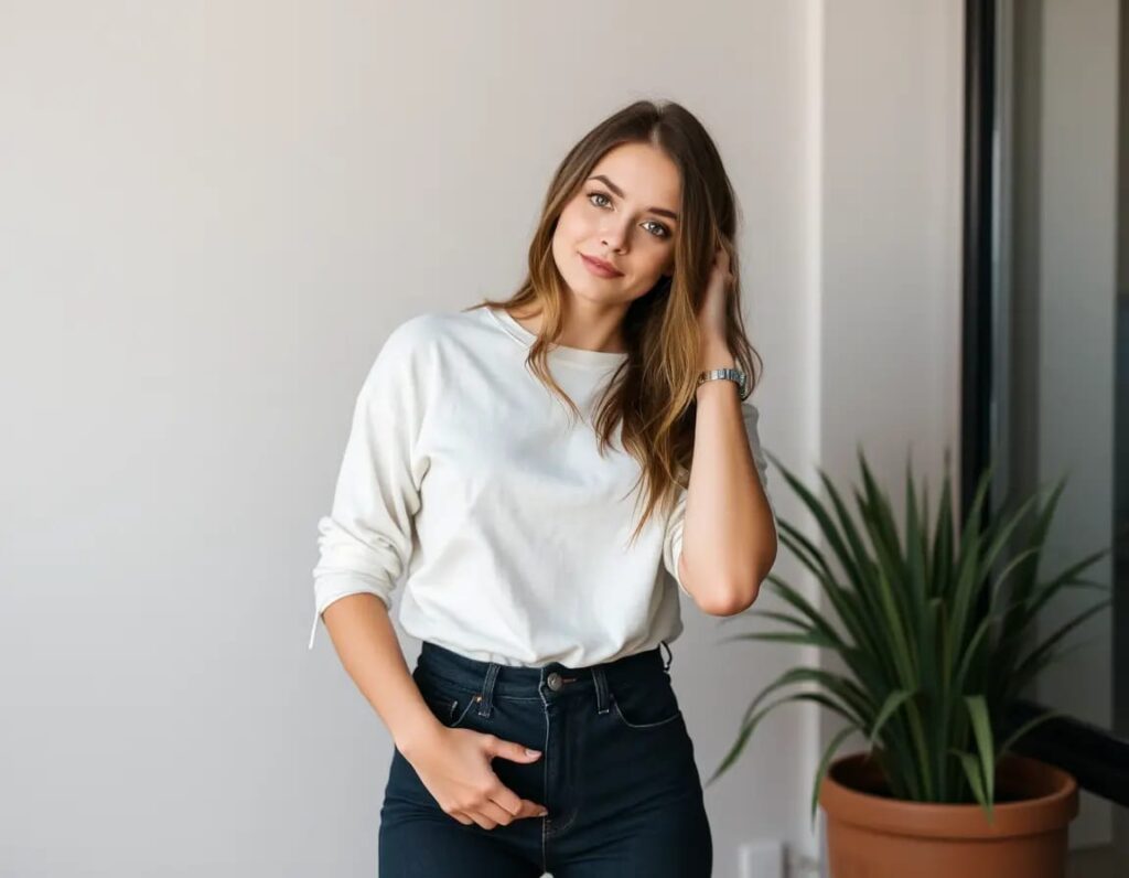 A young woman posing look in white top with black jeans