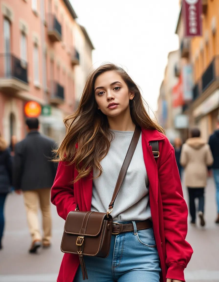 young woman street look with crossbody bag