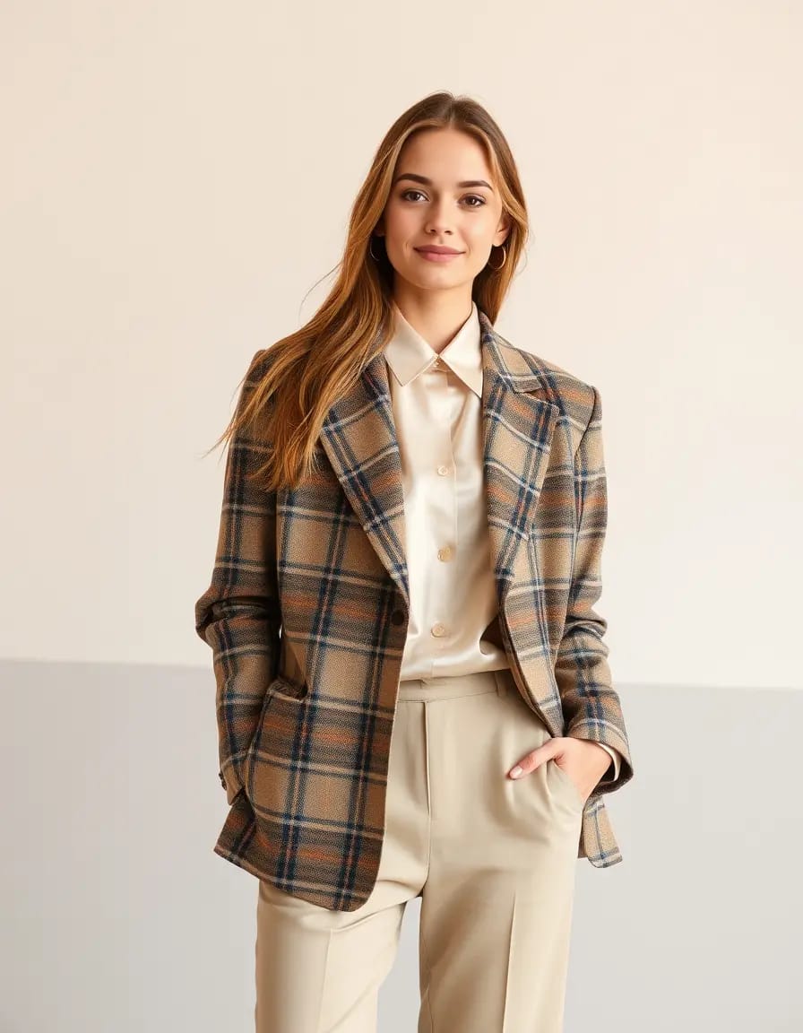 A young professional woman look in plaid shacket