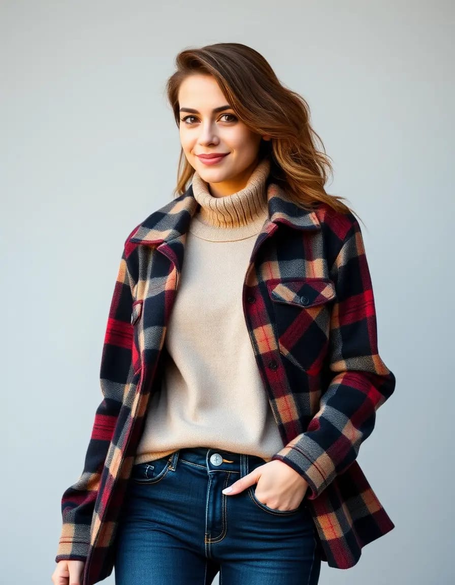 young charming woman look in plaid shacket with skinny jeans