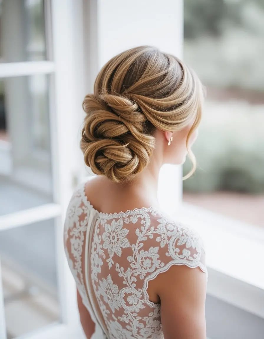 bride look in half bun hairstyle