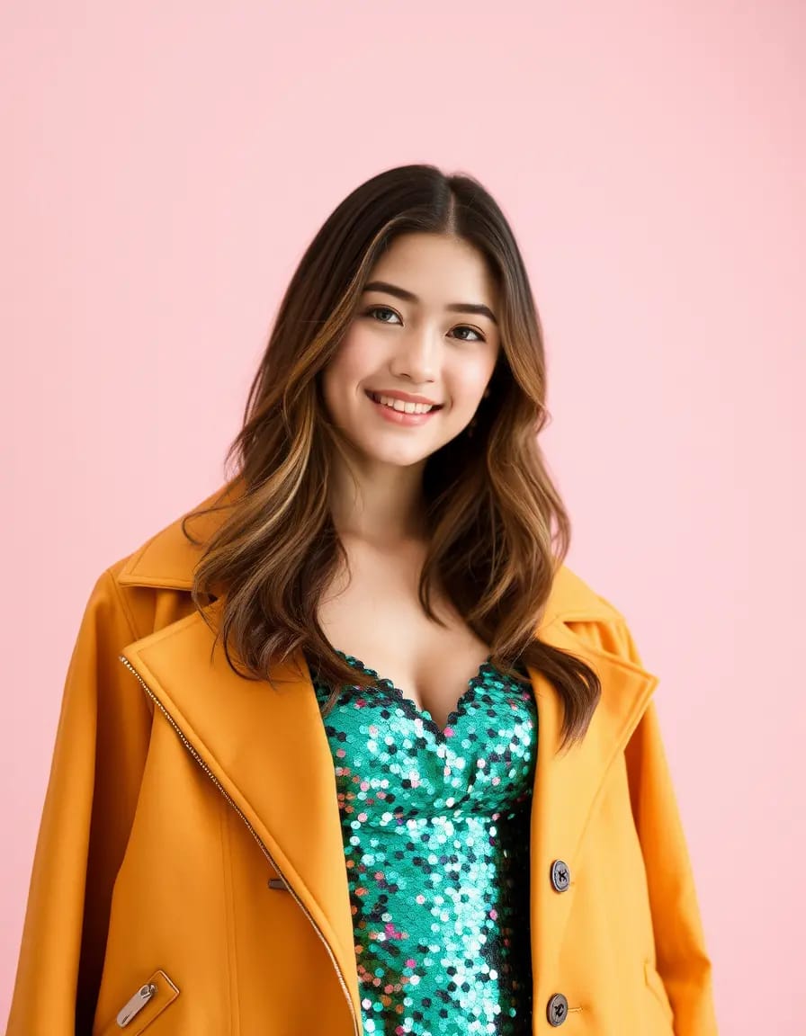 simple woman smiling look in sequin dress