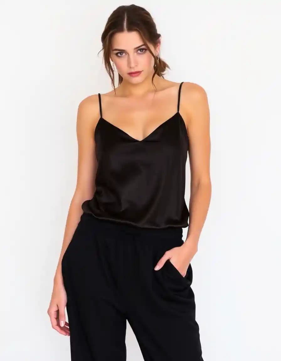 simple women look in silk camisole with black sweatpants