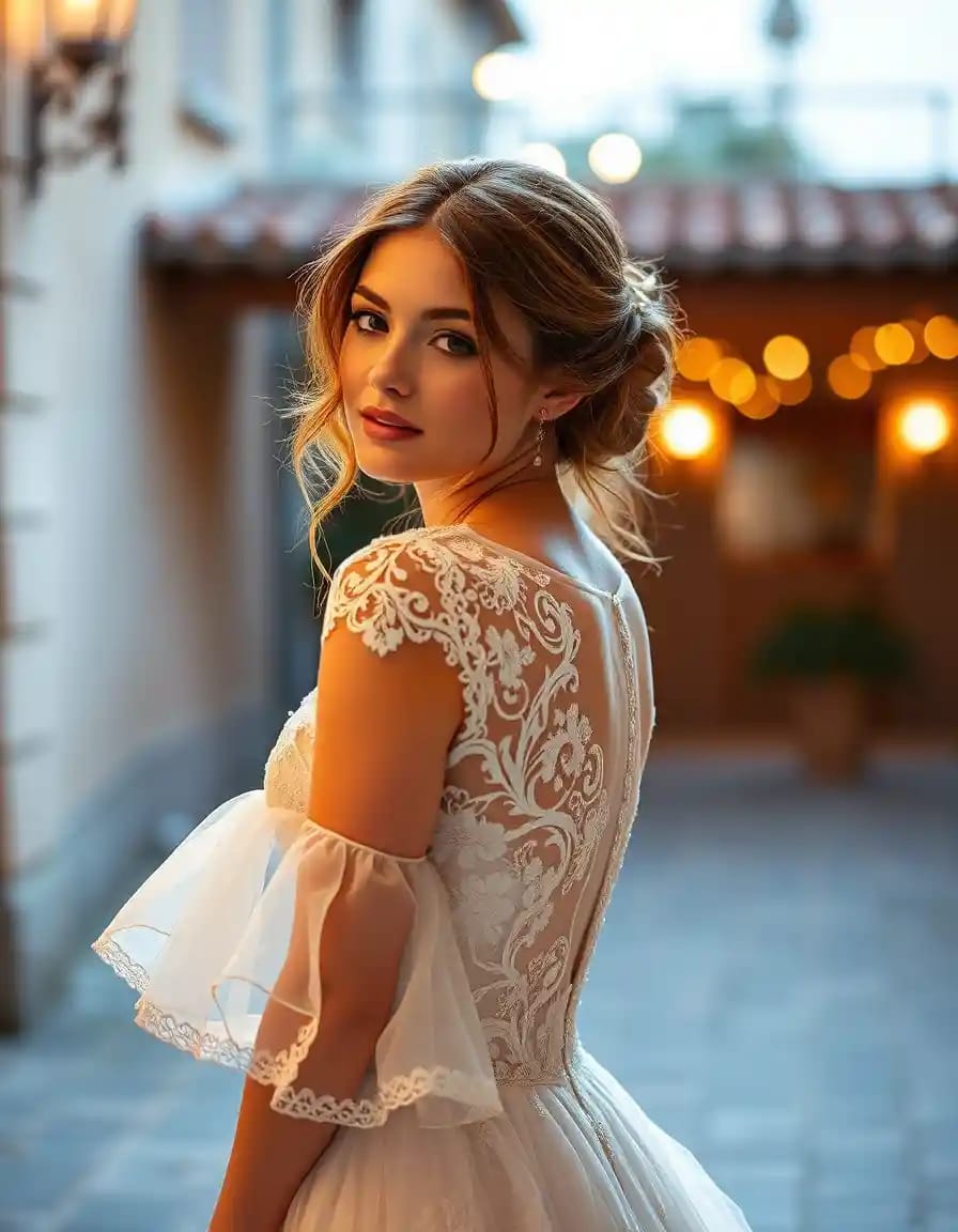young bride side look in wedding dress