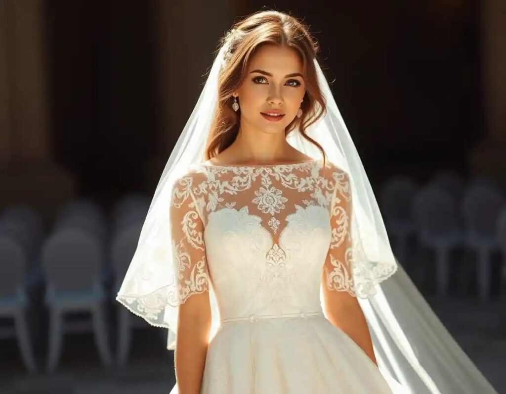 young charming bride look in lace dress