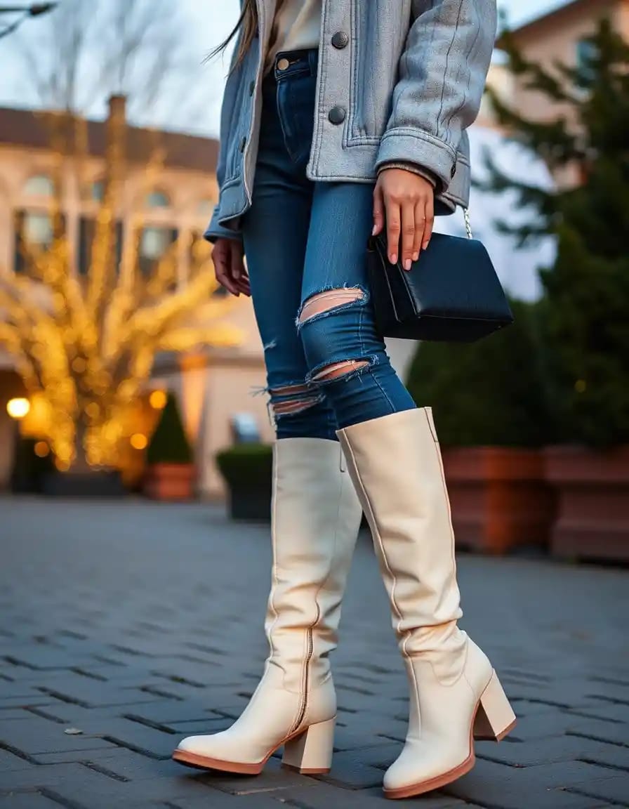 stylish woman street look in ivory boots