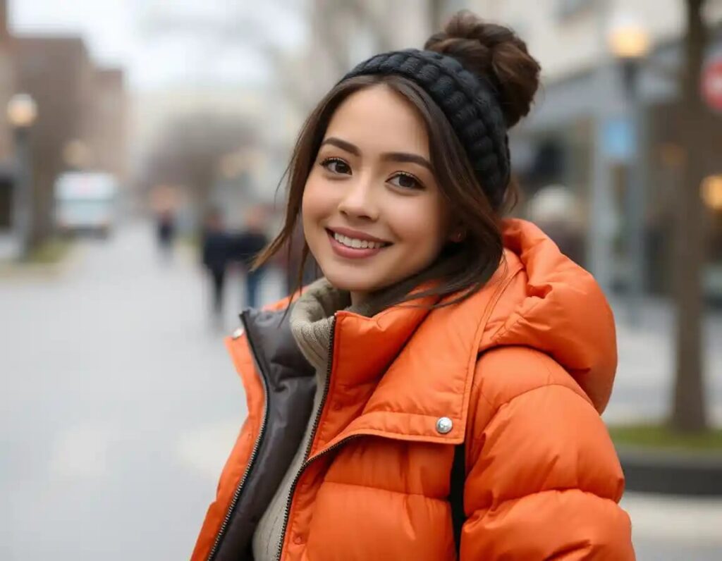 woman look in puffer jacket