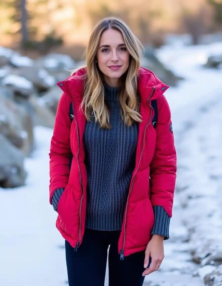 smiling woman look in red puffer jacket