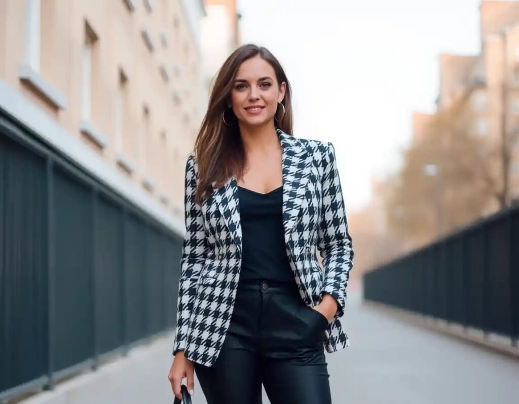 stylish woman look in houndstooth blazer