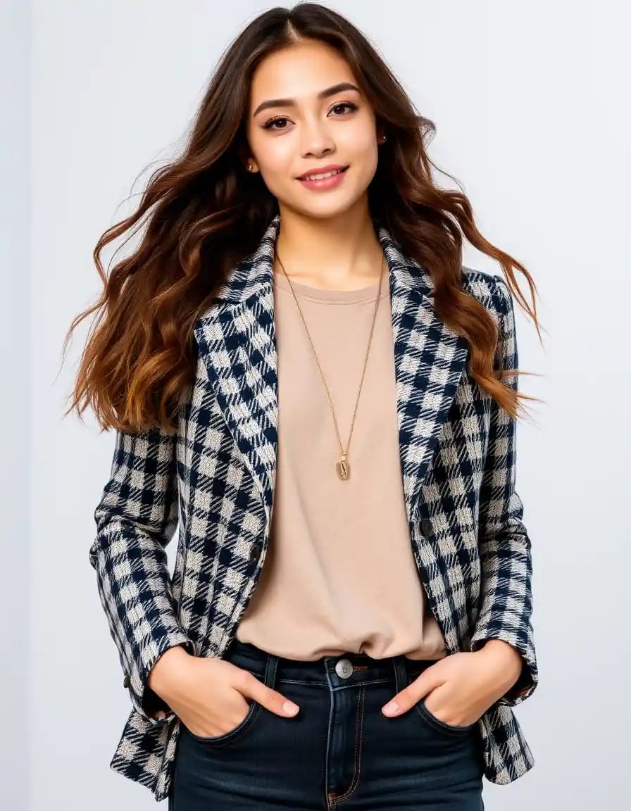 stylish charming woman look in houndstooth blazer