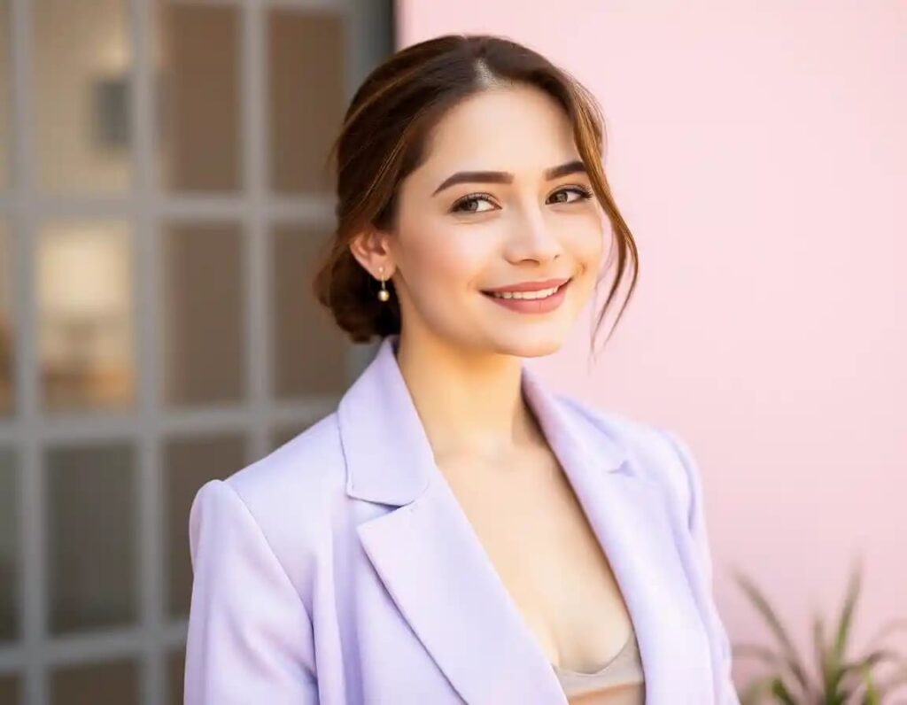 smiling woman look in lavender blazer