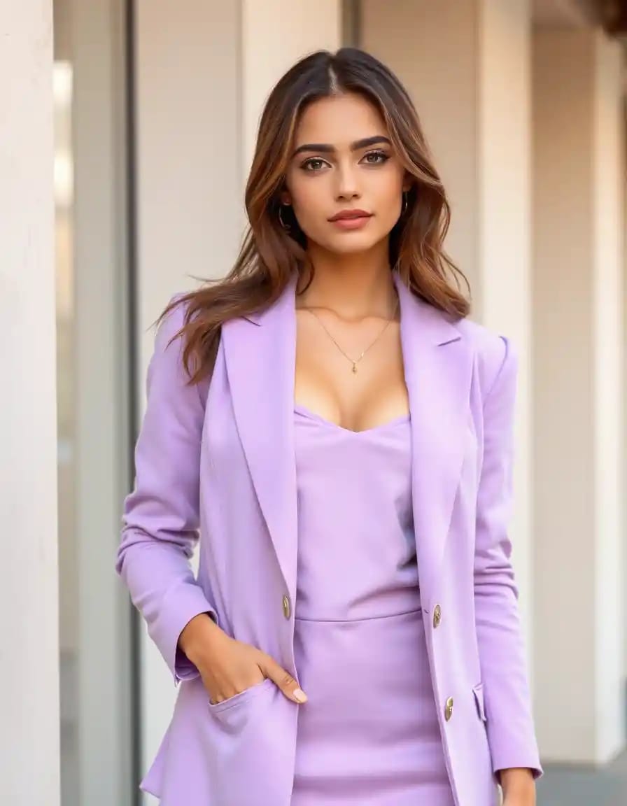 stylish woman look in slip dress with lavender blazer