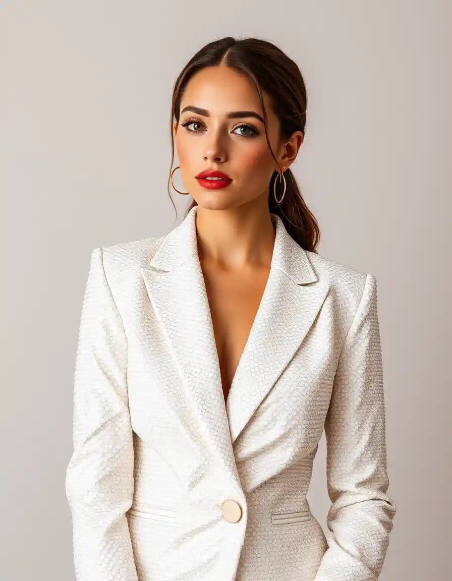 stylish modern woman look in white sequin blazer dress