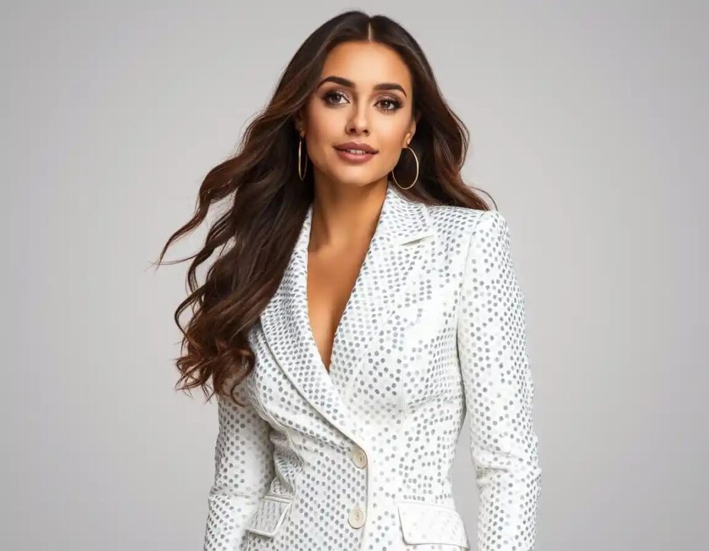 young modern woman posing look in white sequin blazer dress