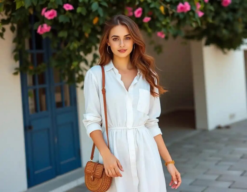 simple woman look in white linen shirt