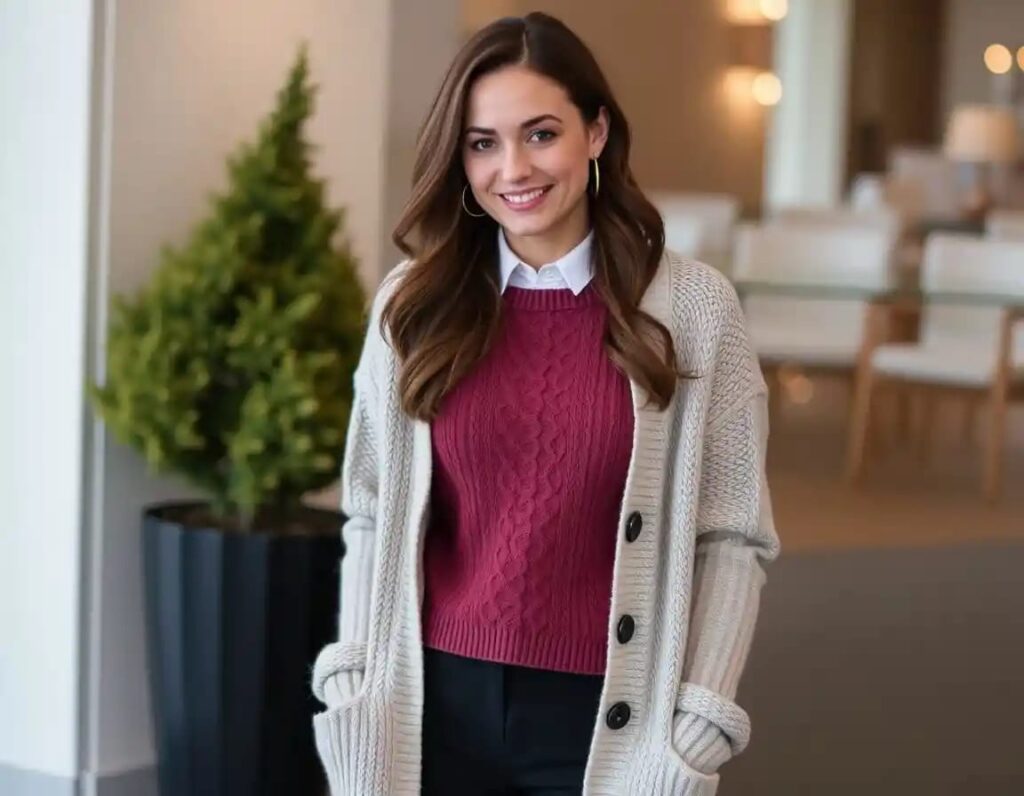 simple woman formal look in cardigan sweater