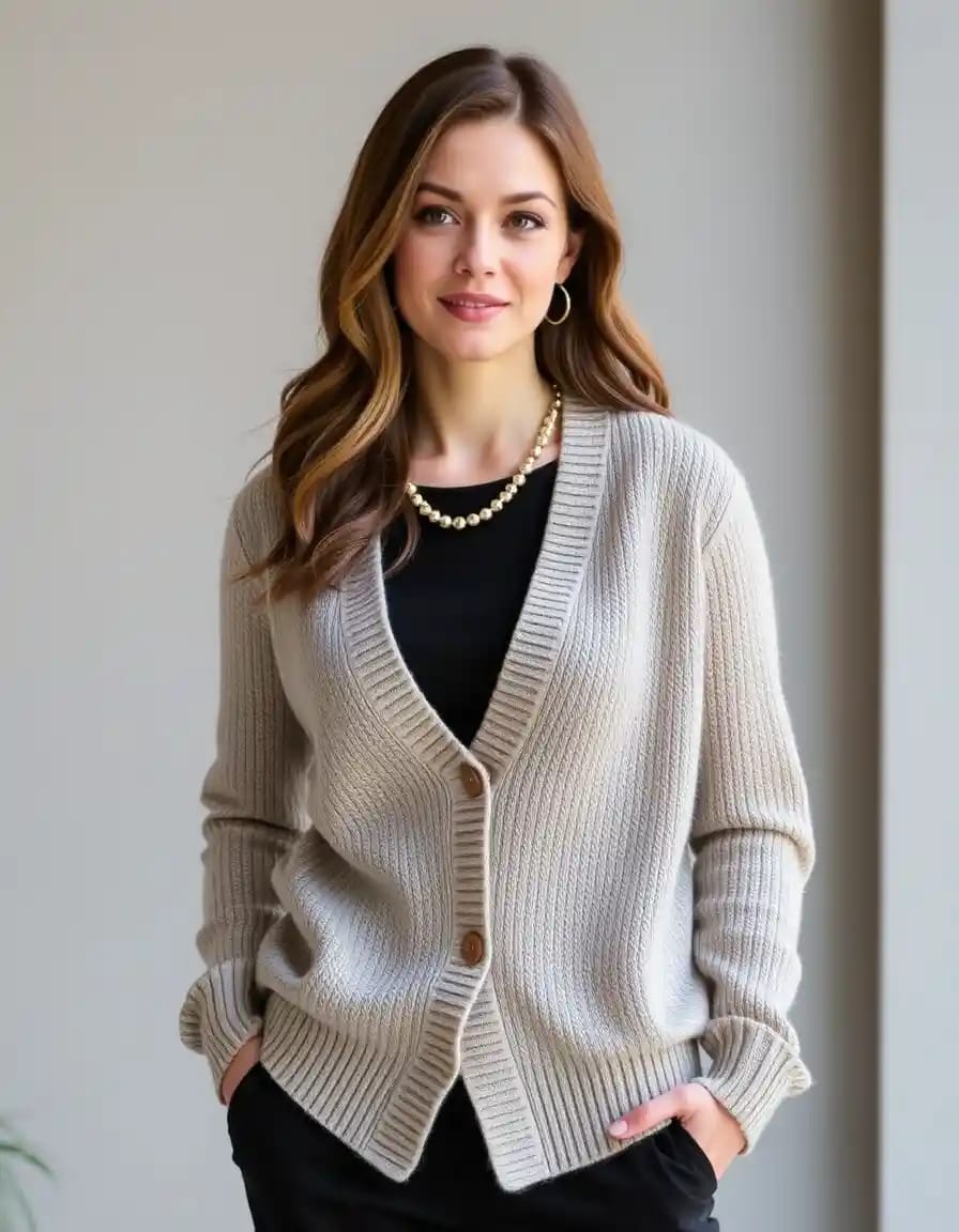 stylish woman look in cardigan sweater outfit