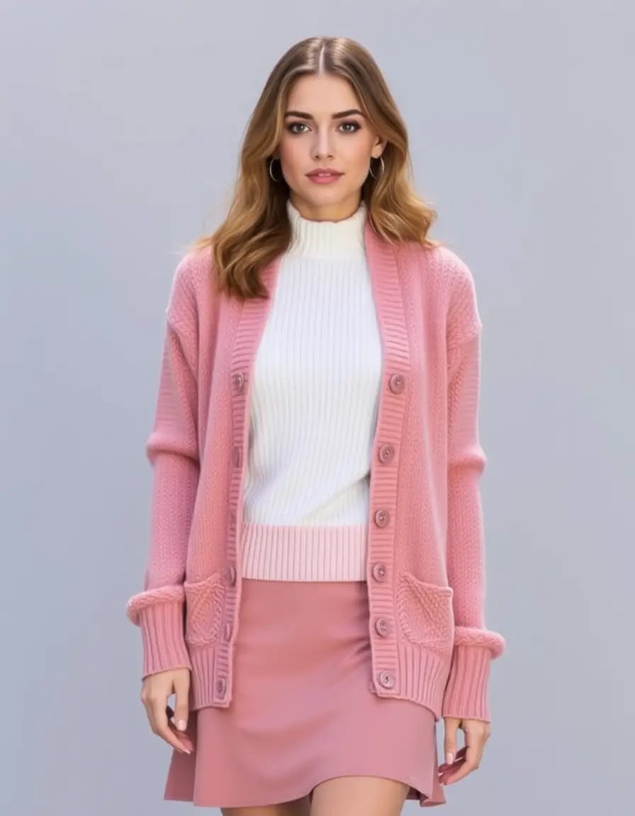 young charming woman look in long cardigan