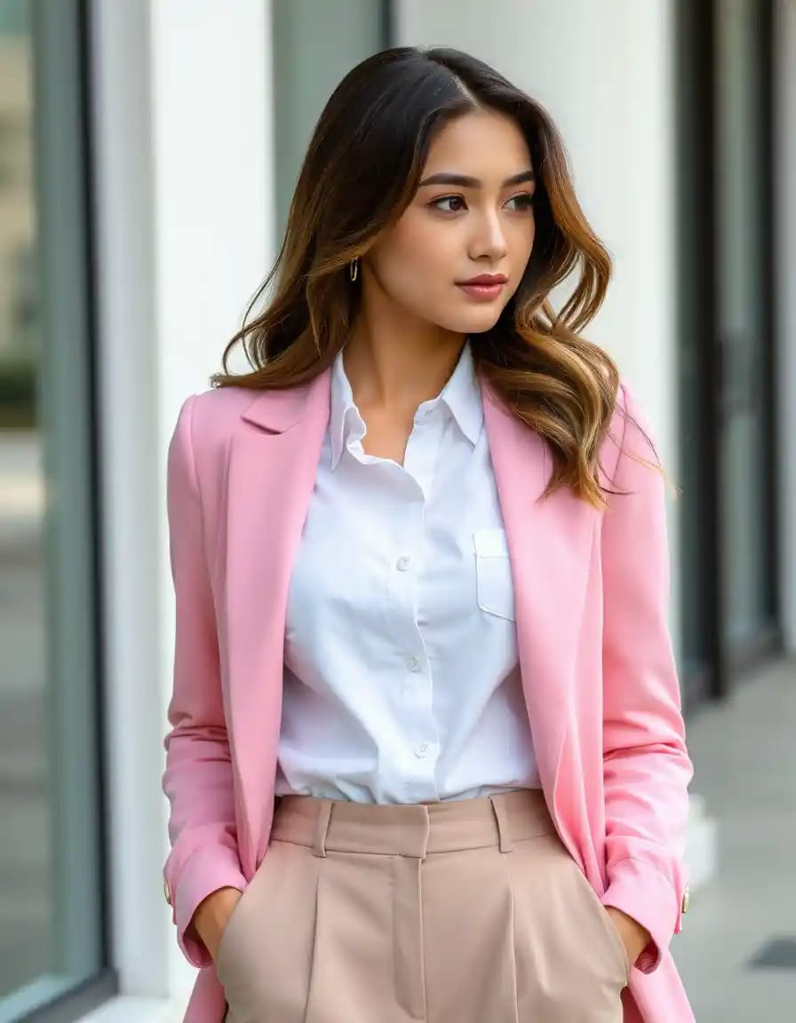 young woman look in white button down shirt with pink blazer and trouser