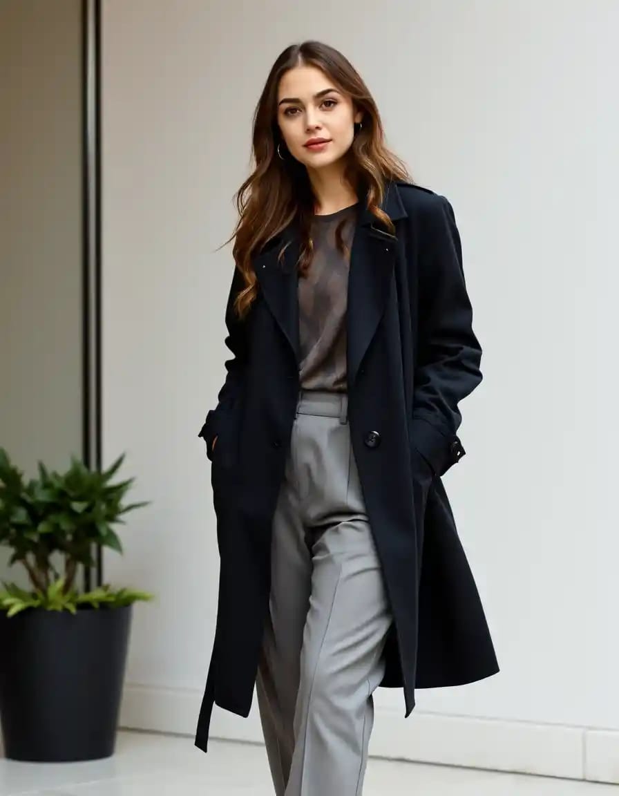 Young woman look in trench coat with tailored pants