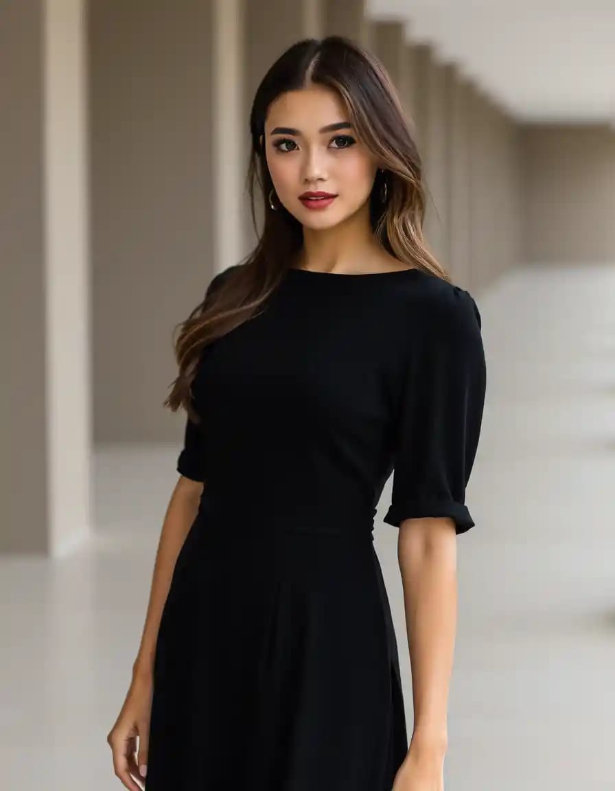 simple woman look in black dress with white heels