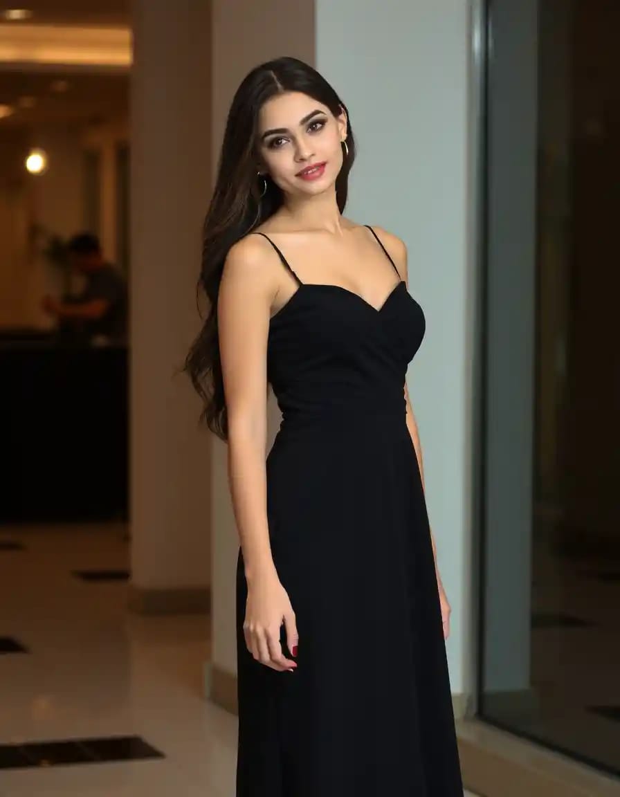 young woman look in black dress