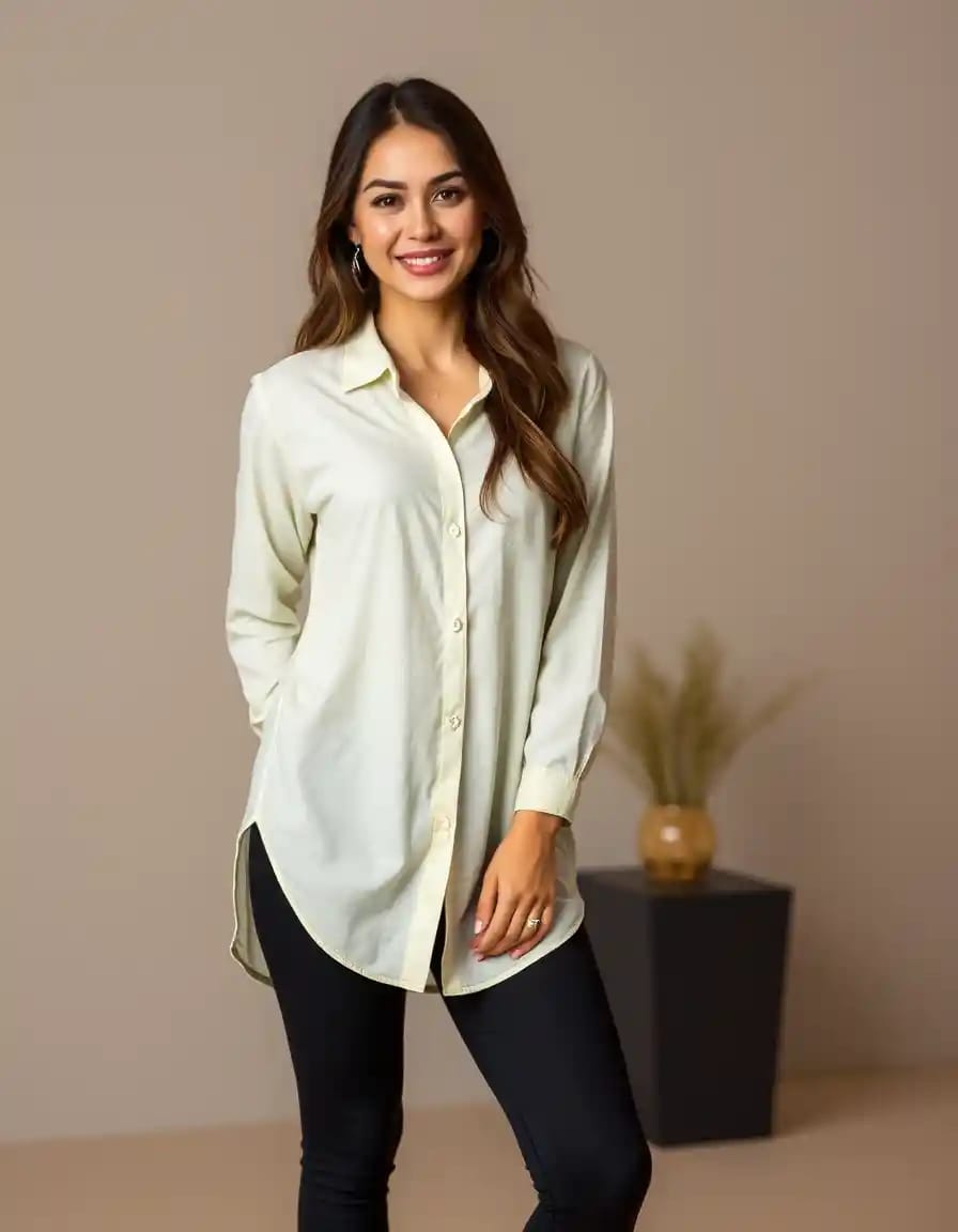 charming woman look in long oversized shirt