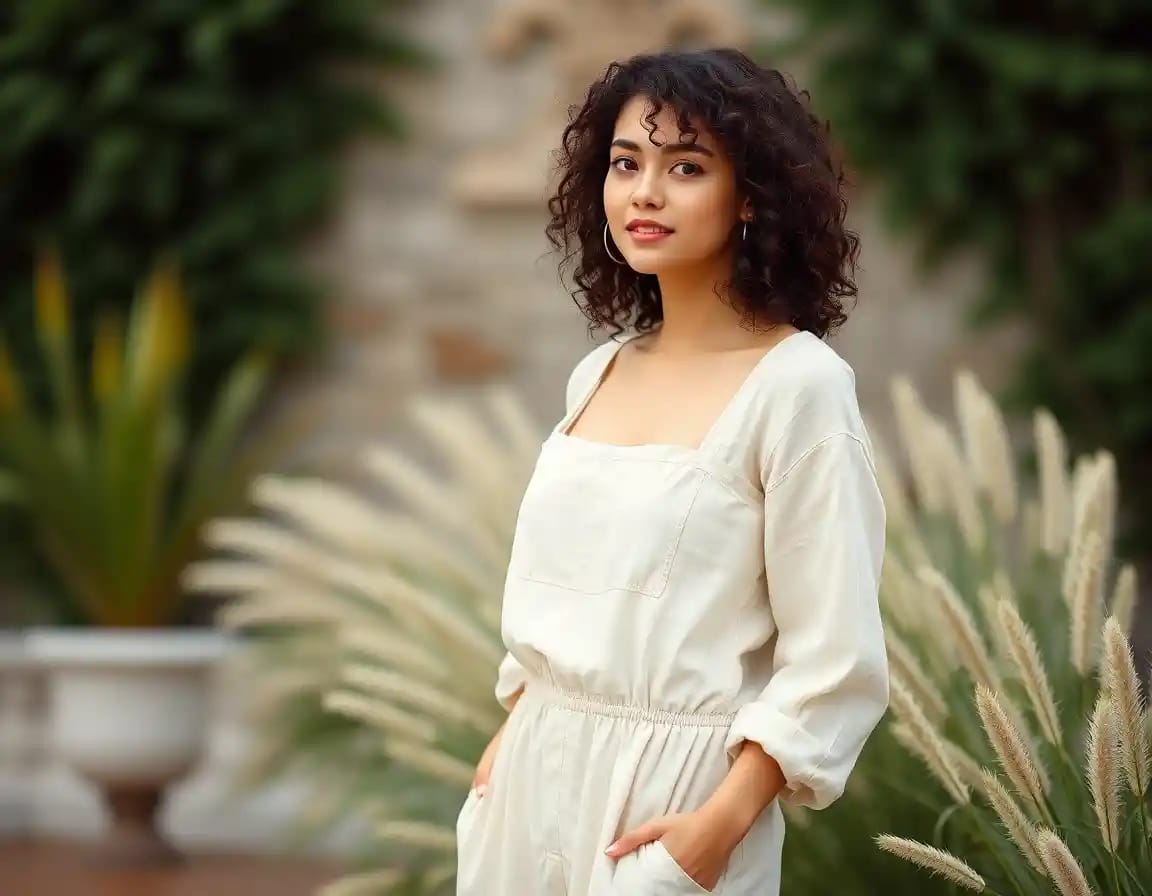 stylish woman look in full sleeve linen jumpsuit