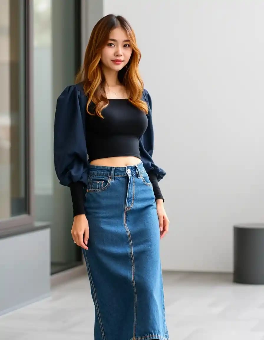 modern woman look in puff sleeve top with denim skirt