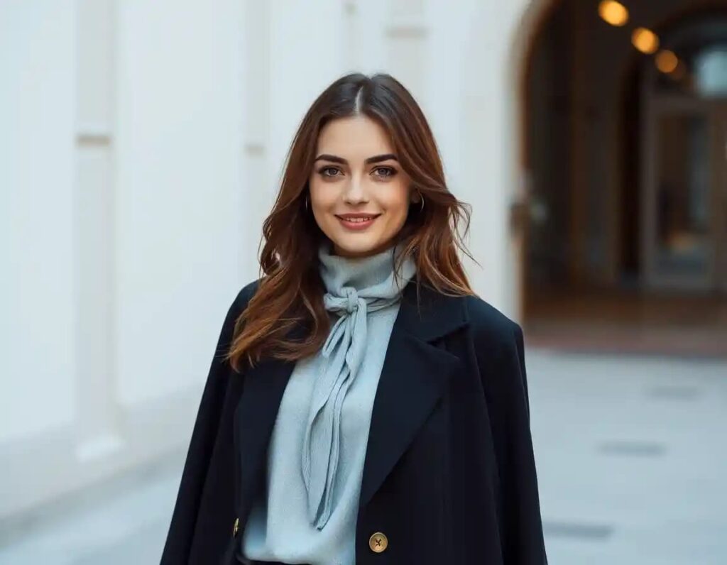 young woman look in cape blazer
