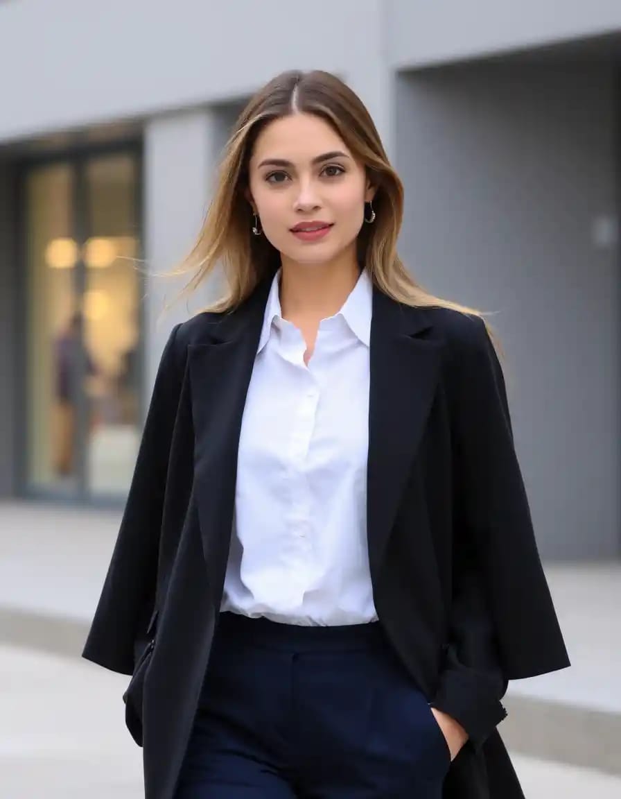 charming office woman look in cape blazer