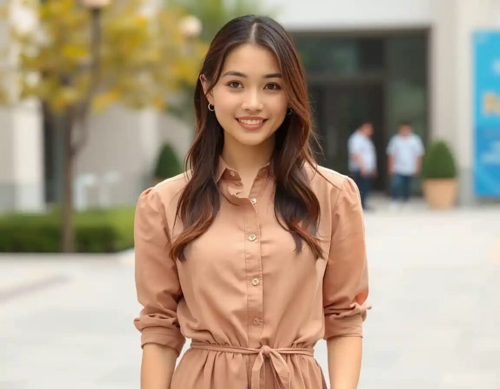 young woman casual look in cinched shirt dress