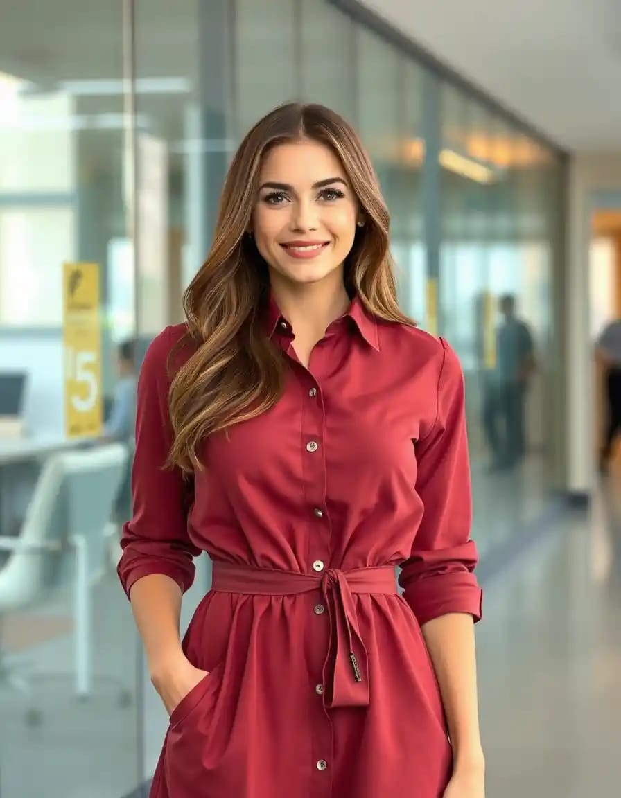 charming woman look in cinched shirt dress