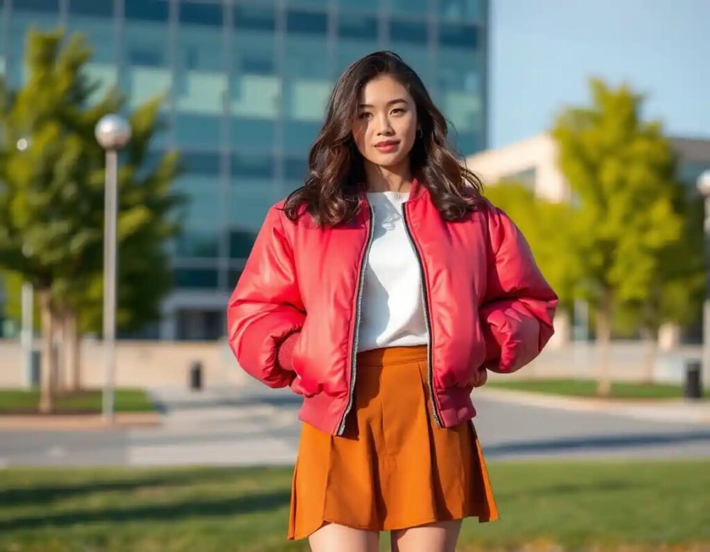 young charming woman look in puffer jacket with skirt