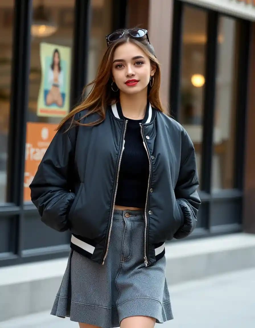 young woman look in puffy bomber jacket with skater skirt
