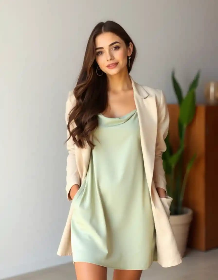 young woman look in green slip dress with beige blazer