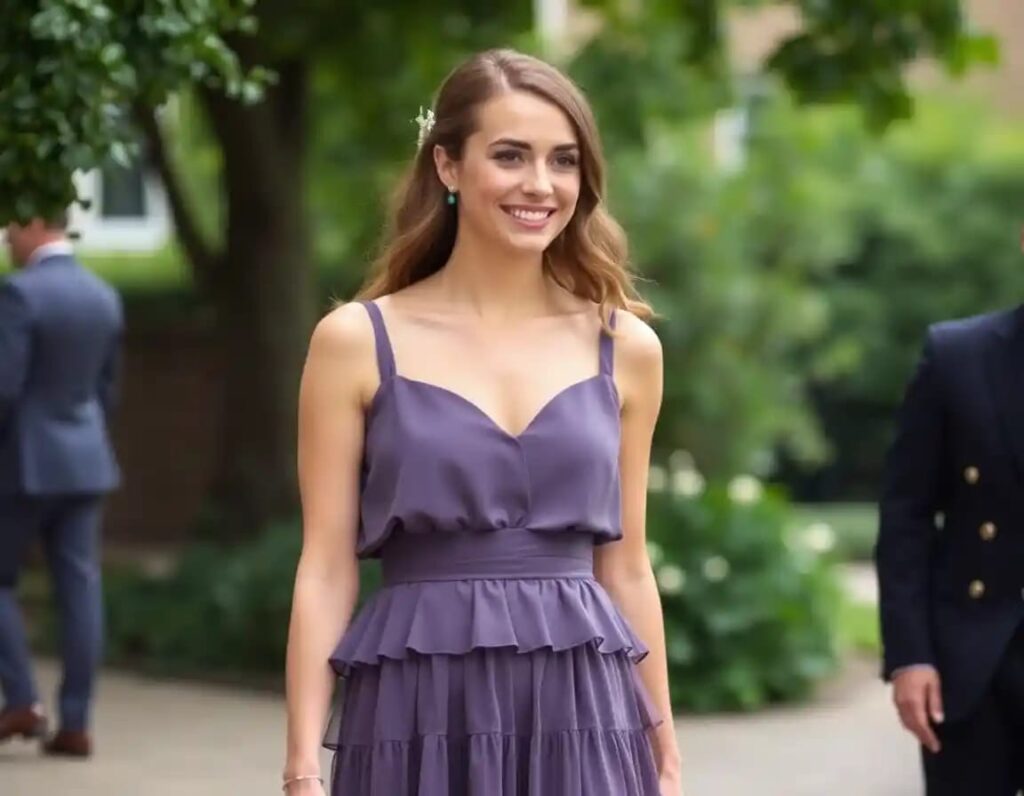 young woman wedding guest look in tiered midi dress