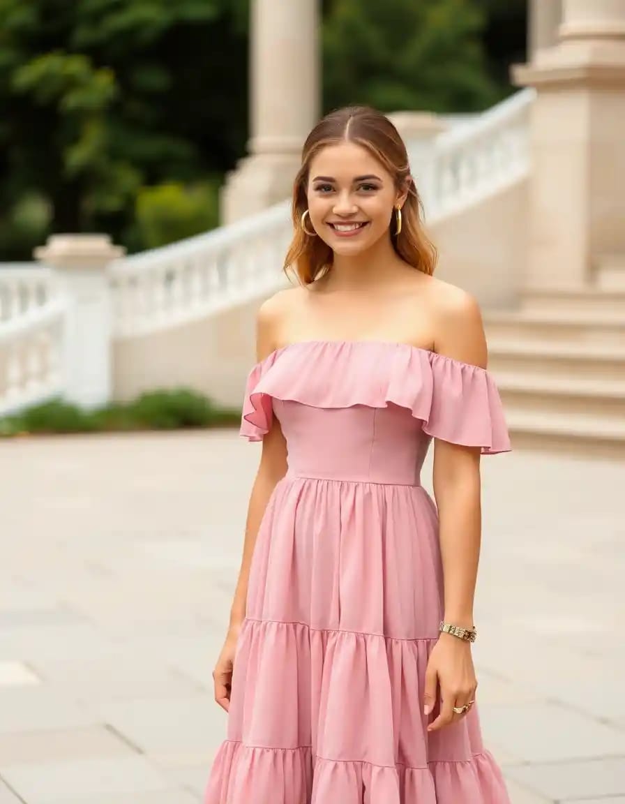 A young charming woman look in blush pink tiered midi dress