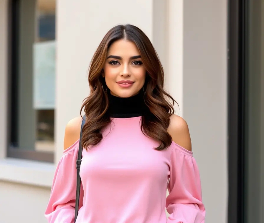 A young charming woman look in cold shoulder sweater